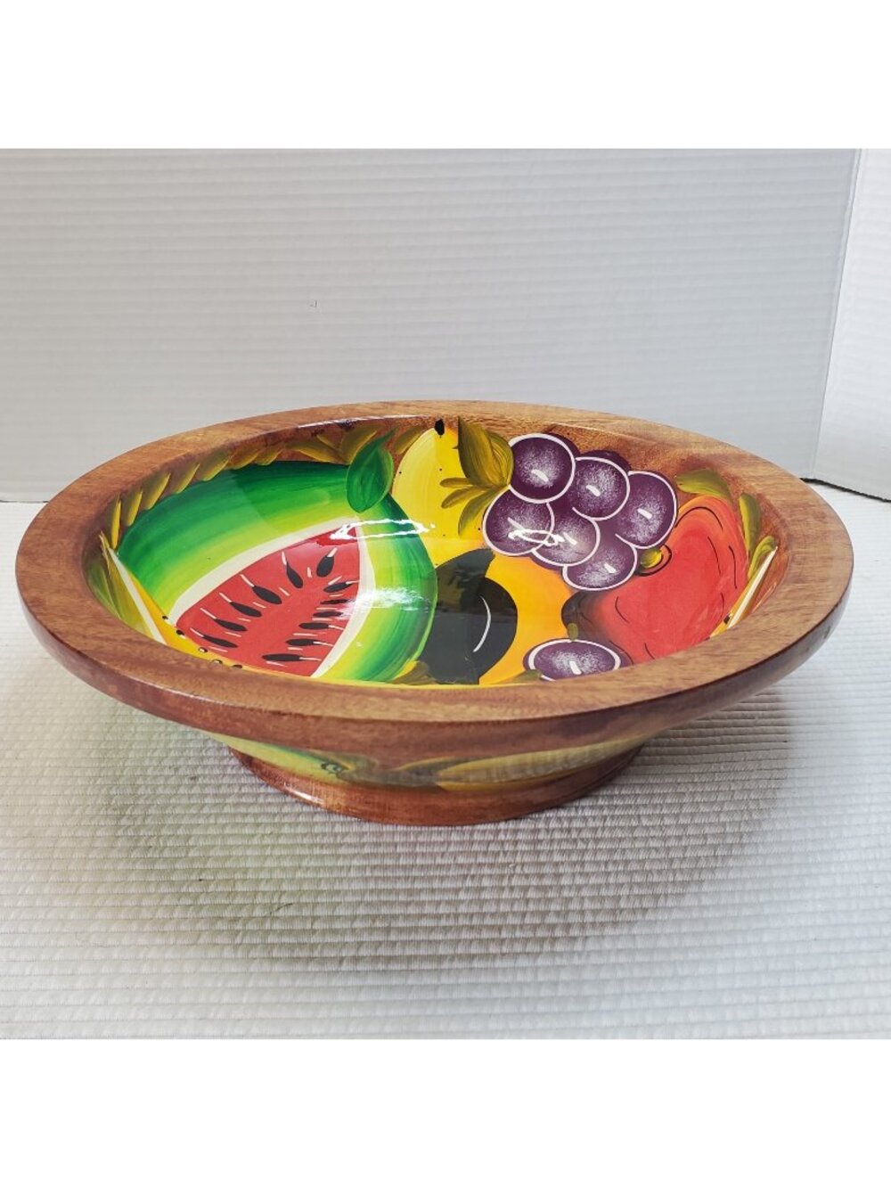 Wooden Hand Painted glazed Fruit Bowl Vintage 11.75"x3.25" Folk Art Round MCM